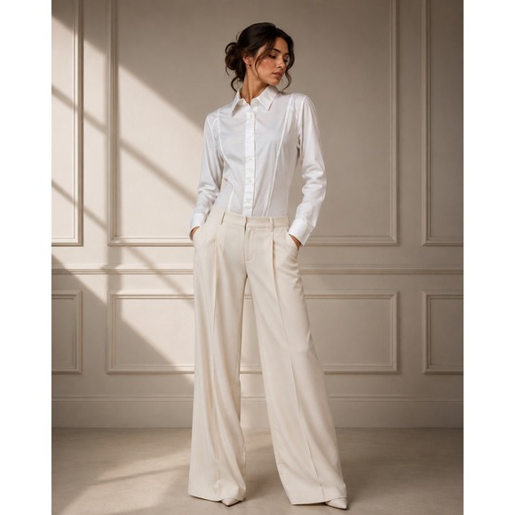 Donna Karan Tops - Donna Karan Bodysuit L White Button Down Long Sleeve Collard Minimalist Luxury